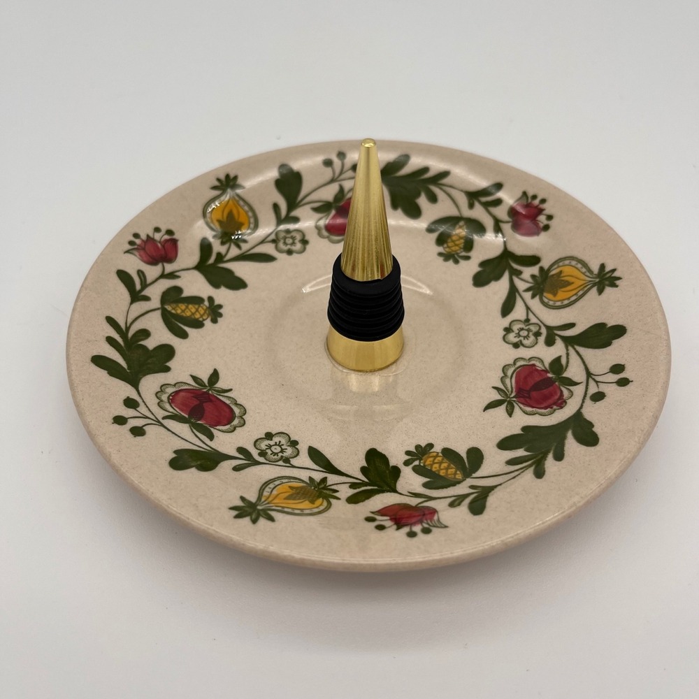 Handmade Ceramic Ring Holder Tray Folk Art Floral Dresser Dish Gold Tone Post